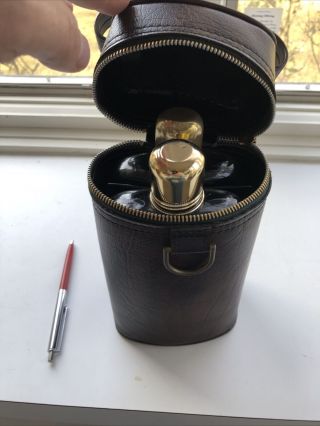 Vintage Double Heavy Glass And Brass Flasks Travel Bar With Leather Case