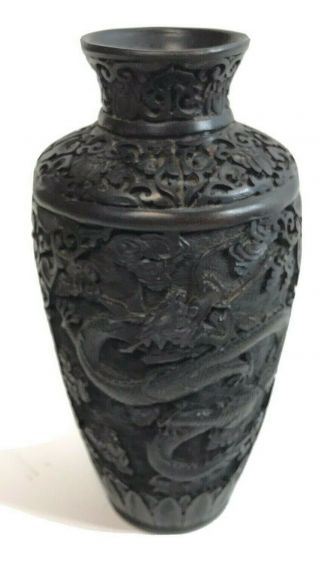Vintage Chinese Heavy Dragon Carved Black Cinnabar Lacquer Vase Oriental Decor