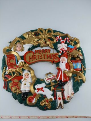 Vintage Merry Christmas Wreath Molded Plastic Santa Angels Train Candy Canes