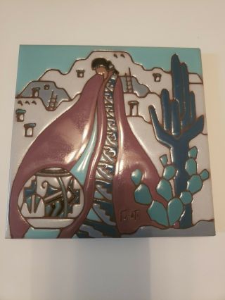 Vintage 1990 Earthtones Tile Krit Woman Cactus.  Signed Tu - Oti