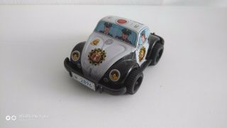 Volkswagen Vw Bug Police Tin Toy Car Japan Vintage Wind - Up 1970 