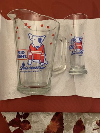 Vtg Budweiser Bud Light Spuds Mackenzie Dog Glass Beer Pitcher 1987 W/ 1 Glass