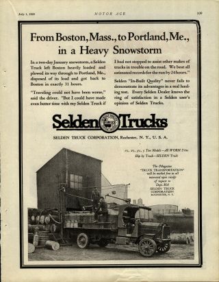 1920 Selden Motor Trucks Of Rochester,  York Ad: Boston To Maine In 31 Hours