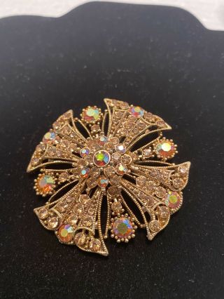 Vintage Aurora Borealis Amber Color Rhinestones Goldtone Brooch Pin Stunning