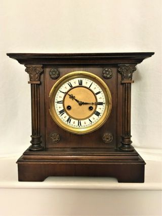 Antique Old Vintage Large Wooden Mantel Clock 14 Days H.  A.  C.  About 1900 Chiming