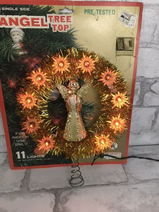 Vintage Angel Christmas Tree Topper Light Up 7 " Circle Decoration Gold Tinsel