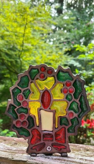 Vintage Stained Glass Cast Iron Votive Candle Holder Christmas Wreath And Candle