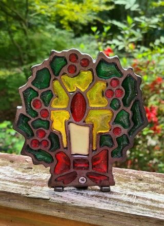 Vintage Stained Glass Cast Iron Votive Candle Holder Christmas Wreath and Candle 2