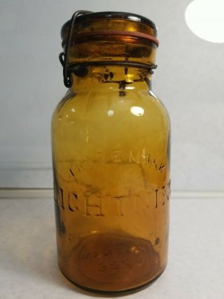 Antique Vintage Rare Amber Lightning Putman Mason Jar Canning Bail Top