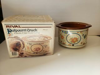 Vintage Rival Electric Potpourri Crock 3207 Brown With Floral Print W/ Box,  Lid