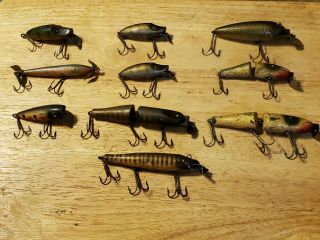 10 Vintage Wooden Fishing Lures - Heddon,  Shakespeare,  Eger,  Garrett,  Uncle Tom