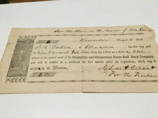 1846 Receipt For Capital Stock: Champlain And Connecticut River Rail Road Co.