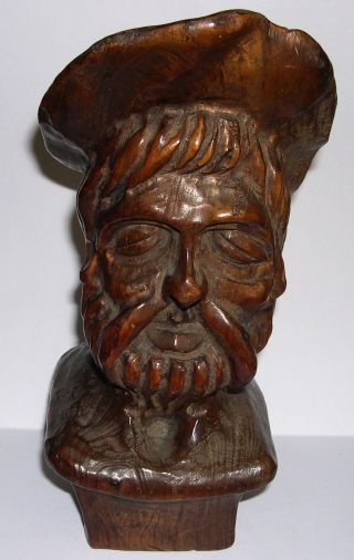 Vintage Wooden Carved Head - Bust Of Old European Man - 24cm High - Exc Cond.