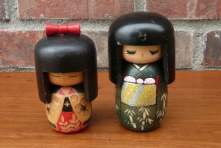 2 Japanese Kokeshi Carved Wood Vintage Dolls Kimono Girls