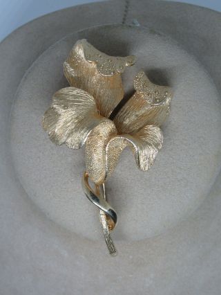 Signed Coro (pegasus) Vintage Gold Tone Flower Leaf Textured Brooch Pin Iris