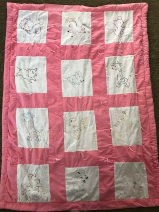 Vintage Handmade Baby Girl Quilt With Embroidered Animals Pink 36x48
