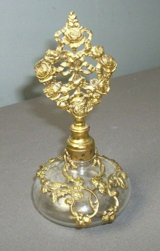 Vintage Perfume Bottle W/ Stopper - Roses - Metal & Glass - 5 3/4 " Tall - L Sv