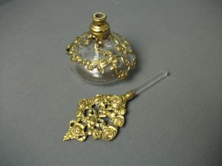 Vintage Perfume Bottle w/ Stopper - Roses - Metal & Glass - 5 3/4 
