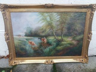 Large Antique Signed Oil Painting,  Cows In Wooded Stream