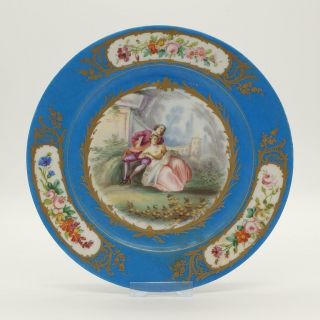 Good Antique Celeste Bleu Pseudo Sevres Cabinet Plate.  Wattenesque Scenes