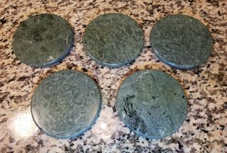 Euc Set 5 Vintage Green Marble Heavy Weight Stone 4 " Coasters W/ Skid Backing