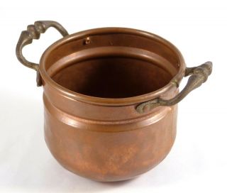 Small Vintage Hand - Hammered Copper Pot Planter Cast Brass Handles Patina 4 "