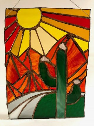 Vintage Stained Glass Suncatcher,  Cactus,  Sun,  Road,  8.  5 " X 11 " Copper,  Handmade