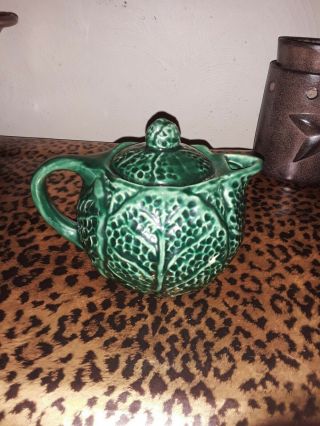 Vintage Pottery Green Cabbage Leaf Tea Pot 2 Cup