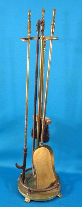 Brass 5 Piece Fireplace Tool Set (stand,  Hook,  Shovel,  Poker And Broom)