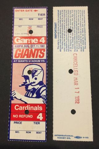 Vintage 1981 York Giants Home Full Game Ticket Vs St Louis Arizona Cardinals