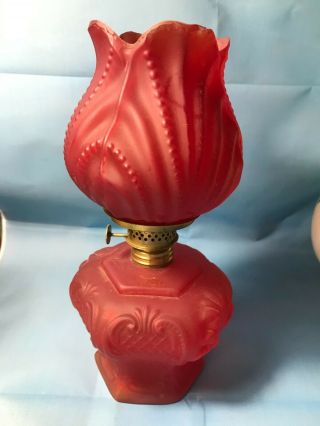 Vintage Antique Miniature Red Satin Glass Oil Lamp Gone With The Wind Style Gwtw