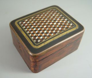 Antique 19th C French Parquetry M.  O.  P,  Wood & Brass Inlaid Box Treen