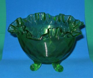Vintage Fenton Green Glass Ruffled Edge Dish Bowl On 3 Feet