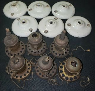 6 Antique Pull Chain Switch Brass Light Sockets W/shade Holder