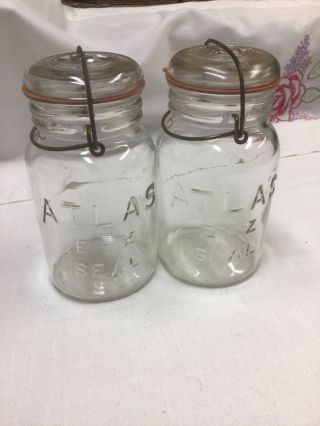2 Vintage Atlas E - Z Seal Clear Glass Canning Mason Jars W/ Wire Bail/glass Lid