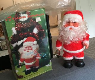 Vintage Musical Walking Santa Claus Doll Plays 3 Songs Rings Bell Box Euc