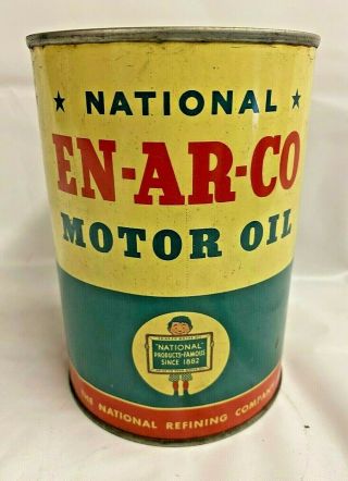 Vintage En - Ar - Co One Quart Motor Oil Can Old Antique - Full - Enarco