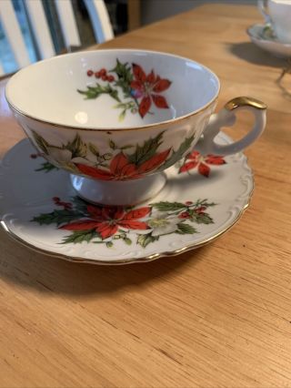 Vintage Inarco Poinsettia Tea Cup & Saucer Japan White Gold Christmas