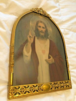 Glorious Antique Vintage Nuns Convent Metal Framed Sacred Heart Jesus