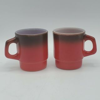 Set Of 2 Vintage Anchor Hocking Fire King Stackable Coffee Cups Mugs Red Black