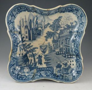 Antique Pottery Pearlware Blue Transfer Fisherman & Castle Dessert Dish 1815