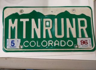 1996 Colorado Vanity License Plate Mtnrunr White On Green