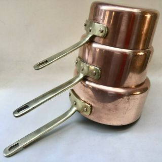 Vintage French Set Of 3 Kitchen Heavy Copper Pans,  Traditional Cooking Metalware