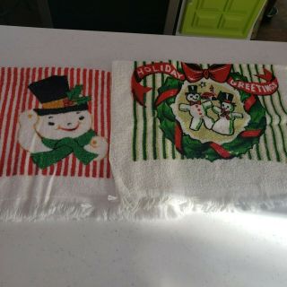 2 Vintage Christmas Terrycloth Kitchen Towels Santa And Snowman Mid Century