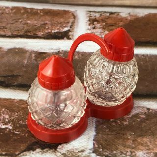 Vintage Salt And Pepper Shakers Round Cut Glass Clear Red Top Usa Pat 120547