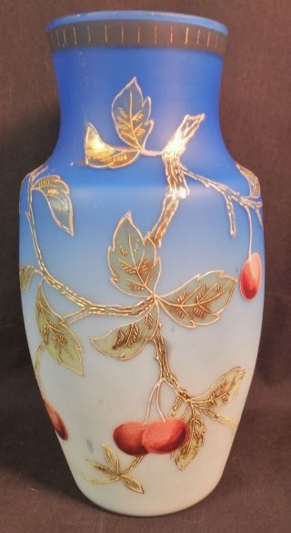 Victorian Art Glass Blue Fade To Milk Glass Enameled Vase Hand Painted Bristol