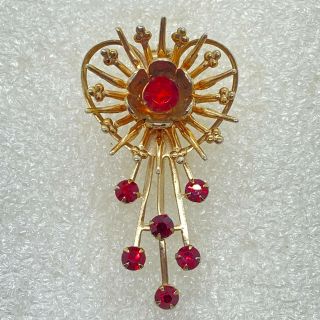 Vintage Red Flower Spray Brooch Pin Rhinestone Gold Tone Costume Jewelry