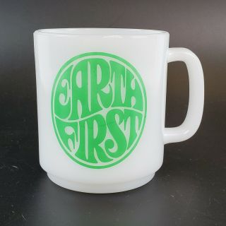 Vintage Earth First Ecology Now 8 Oz Milk Glass Coffee Mug Cup Green Usa Flag