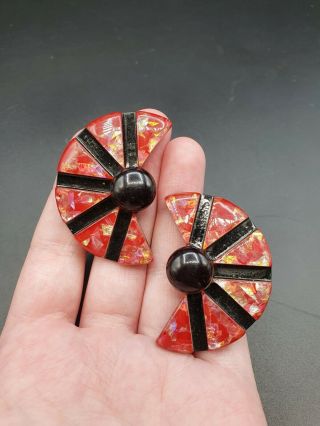 Vintage 1950s Confetti Lucite Pink And Black Earrings
