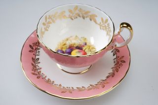 Fine Vintage Aynsley 2480 Tea Cup & Saucer Pink Gold Harvest Fruit